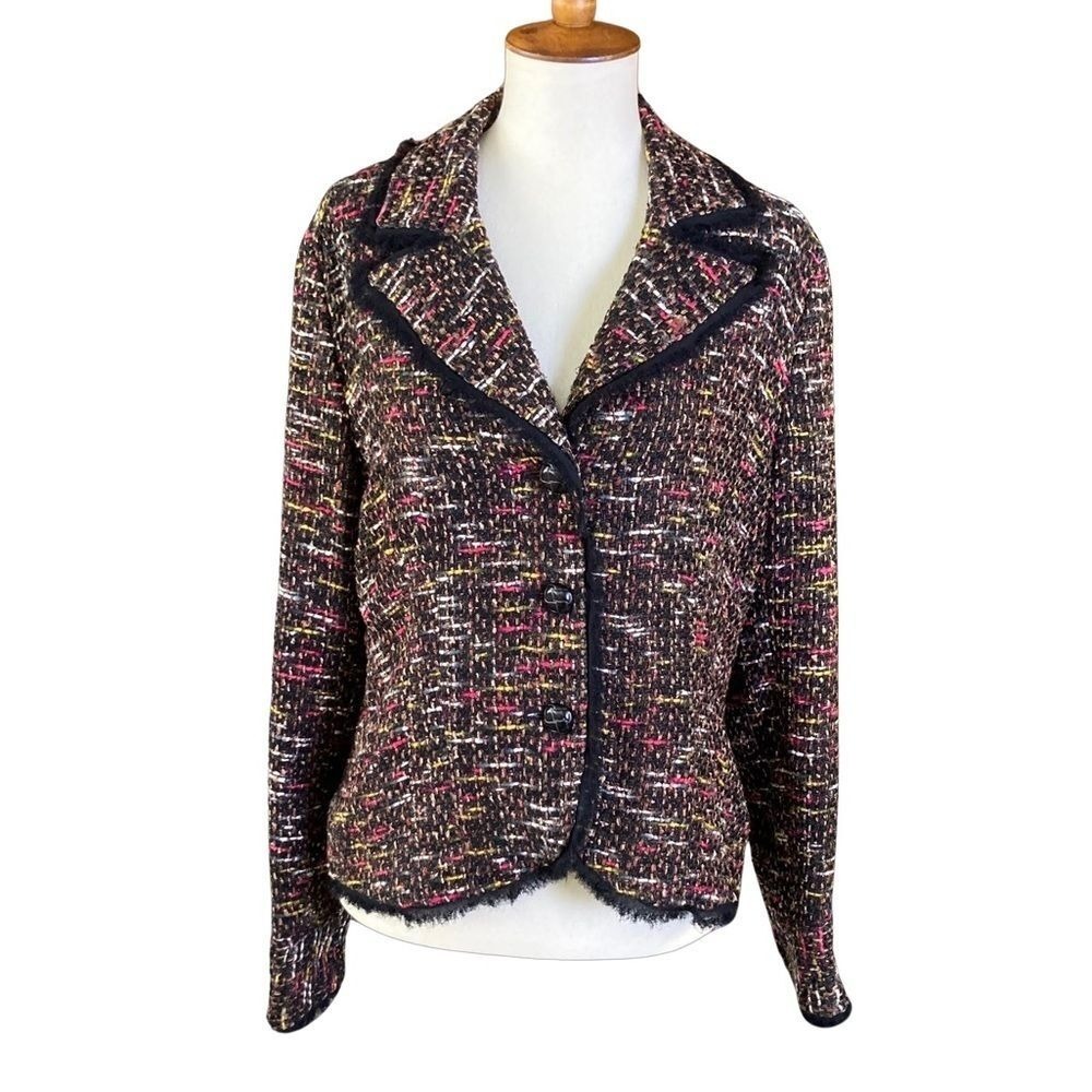 Anthracite Multicolor Textured‎ Tweed Fringed Blazer Jacket Size 10 Professional